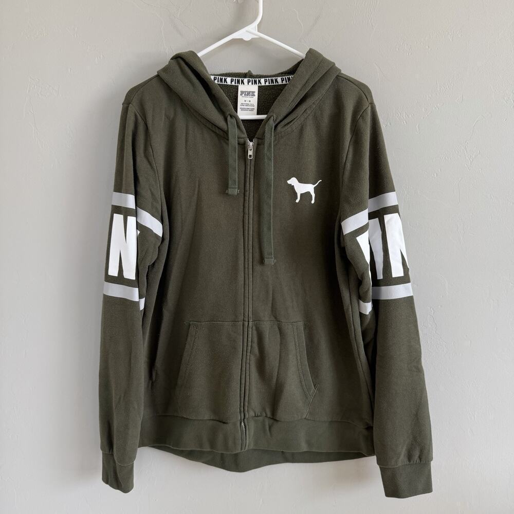 Y2K Victoria’s Secret PINK Zip Up Hoodie Army Olive Green Size M Puppy 2000’s